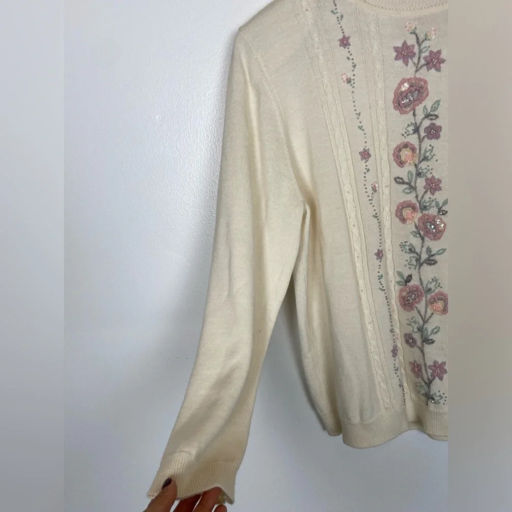 Alfred Dunner Wool Blend Embroidered Sweater Mock Neck Size L Preppy Cottagecore - Picture 2 of 13